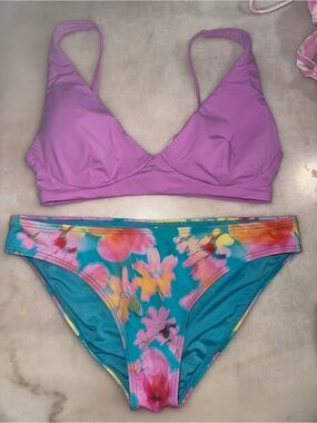 Purple Bikini Top with Teal Floral Bikini Bottom